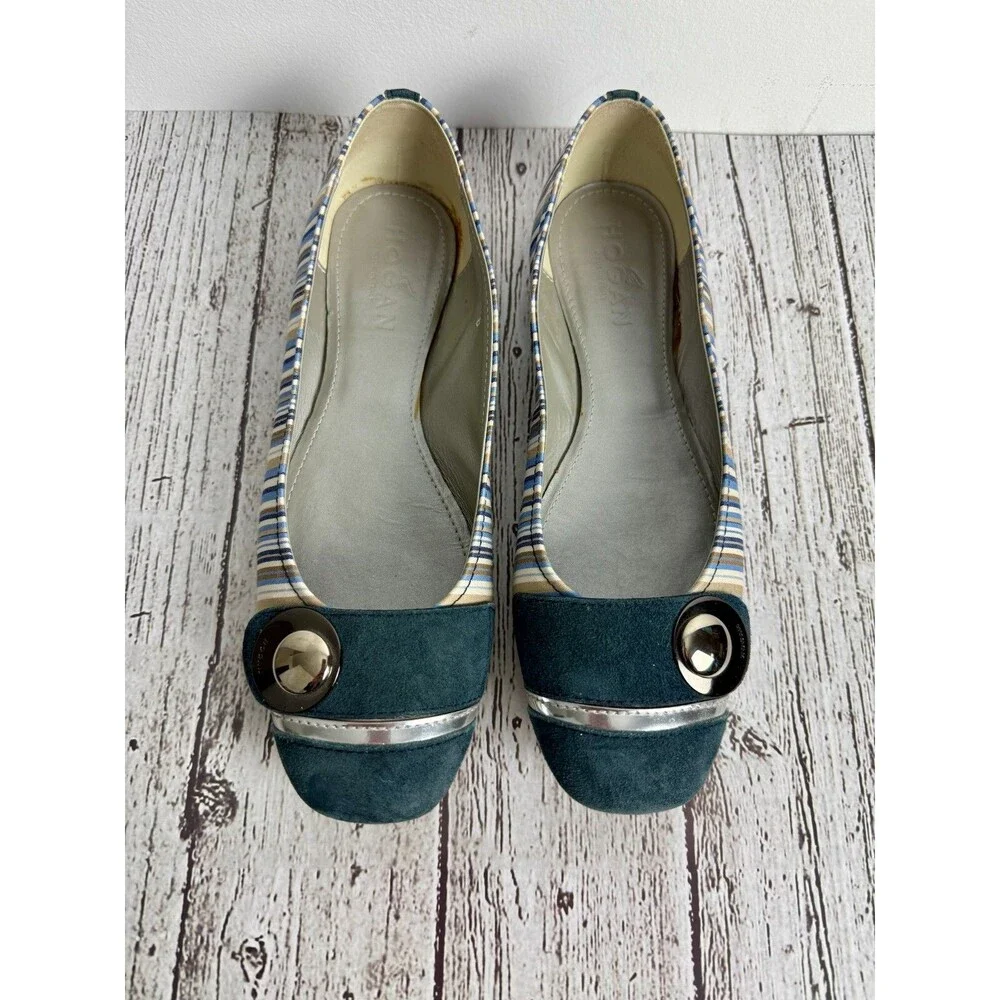 Hogan Women’s Ballet Flats, Size 8,‎ Navy Blue Striped, Silver Hardware, Preppy